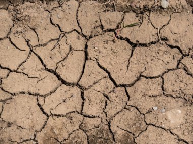 Sıcak yaz aylarında yerdeki kuru, çatlamış kil toprak. Doku yapısı, soyut ve geometrik desen