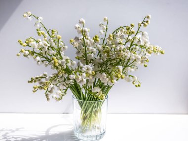 Camdaki vadideki zambak buketi parlak güneş ışığında beyaz arka planda izole edilmiş. Zarif çiçek arkaplanı. Vadi Zambağı 'nın çan şeklinde beyaz çiçekleri (Convallaria majalis))