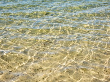 Kristalin dokusu berrak açık mavi şeffaf su ve ince beyaz kum tabanı ile güneşin parlak yansıması su hareketlerinde
