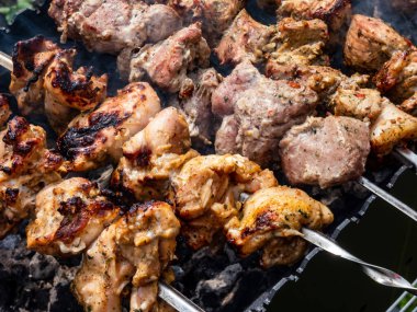 Metal şiş üzerinde farklı türde et, sulu domuz eti ve ateşte ızgara, kömür ve ızgarada duman. Onun yatağı makro ve baharatlı et küpleri. Piknik ve ızgara et