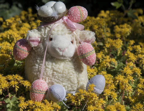 Ovelhas de brinquedo com ovos de Páscoa — Fotografia de Stock
