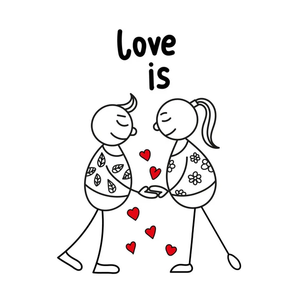 Handzeichnung Skizze Doodle Menschliche Strichmännchen Paar Verliebt Auf Einem Hintergrund — Stockvektor