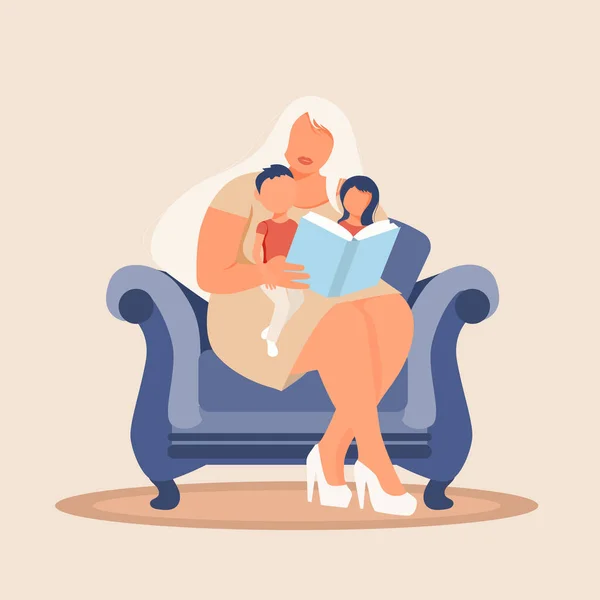 Joven Madre Lee Libro Hijo Hija — Vector de stock