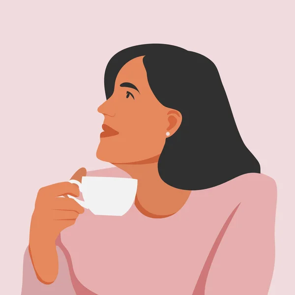 Hermosa Mujer Blanca Joven Disfrutando Una Taza Café Mientras Relaja — Vector de stock