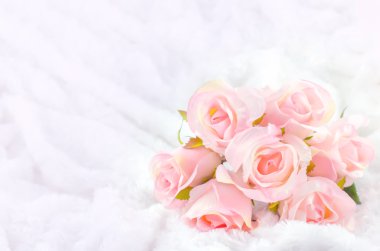 Pastel Renkli Yapay Pembe Düğün Gelini Çiçeği, beyaz kürk arka planda, yumuşak vintage tonda.