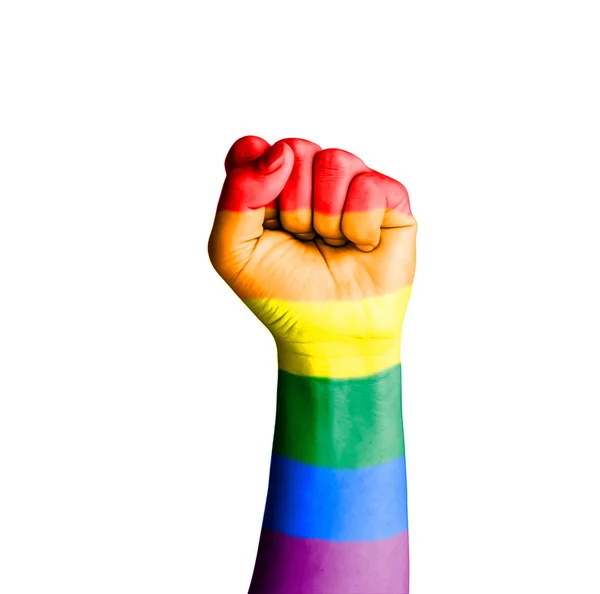 Fist hand with rainbow flag patterned isolate on white — Stock Photo, Image