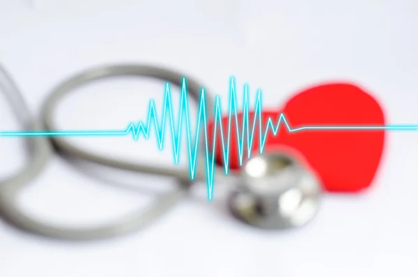 Battito cardiaco sullo stetoscopio sfocato con sfondo cardiaco rosso - Salute — Foto Stock