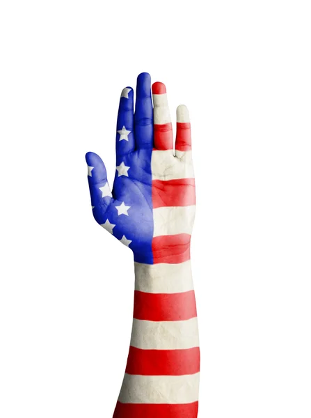 Mão de homem jovem levantada com Estados Unidos da América bandeira patt — Fotografia de Stock