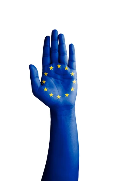 提出用国旗的图案-欧洲国际的男人的手 图库照片