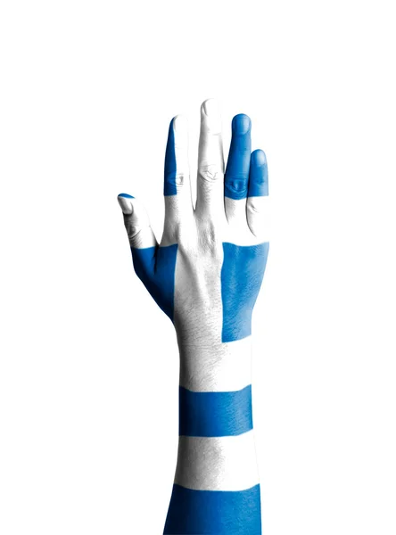 提出用国旗的图案 — — 希腊希腊危机的男人的手 图库图片