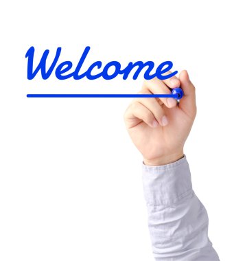 Hoşgeldiniz Mavi marker ile şeffaf tahtaya yazma el