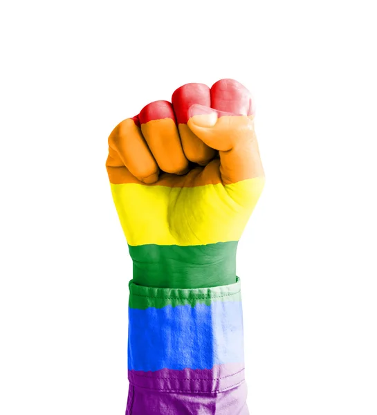 Mano de puño con bandera de arco iris estampada aislada en blanco — Foto de Stock