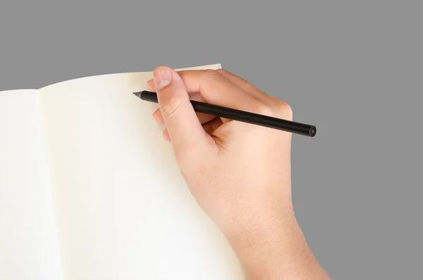 Ręka pisać na notebooka na szarym tle ze ścieżką przycinającą — Zdjęcie stockowe