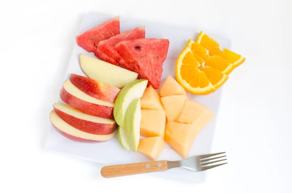 Fresh fruits in plate Apple, Melon,Watermelon,Orange and guava w — Stock Photo, Image