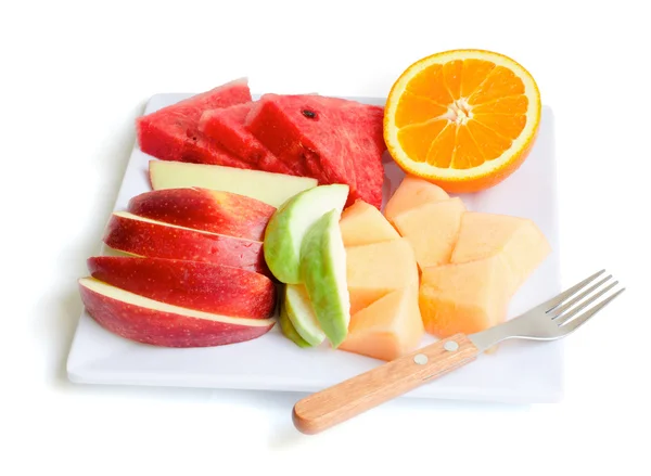 Fresh fruits in plate Apple, Melon,Watermelon,Orange and guava w — Stock Photo, Image