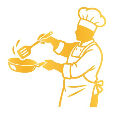 Aşçının Altın Silueti Beyaz Arkaplanda Pan 'la Yemek Pişiriyor