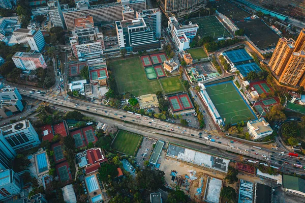 Atemberaubende Luftaufnahme Der Sehr Überfüllten Straßen Der Insel Hongkong Stockbild