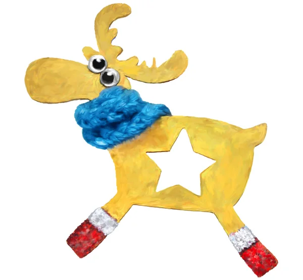 Divertido ciervo amarillo navideño con bufanda azul. Elemento acuarela —  Fotos de Stock
