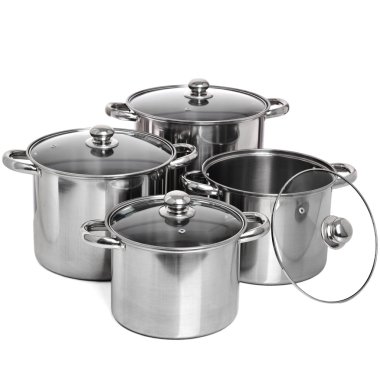 beyaz izole cam kapaklar ile 4 paslanmaz Tencere Seti