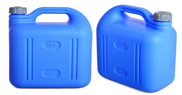Duas vistas de plástico azul de 10 litros galão sobre um fundo branco — Fotografia de Stock