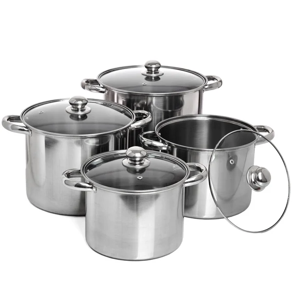 beyaz izole cam kapaklar ile 4 paslanmaz Tencere Seti