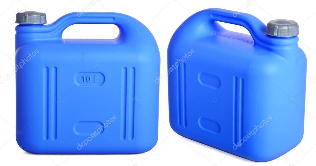 two views of blue plastic 10-liter gallon on a white background