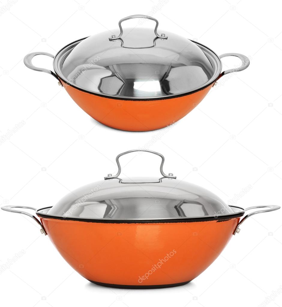 Orange Cooking Pot. Cast iron cooking pot, isolated on white