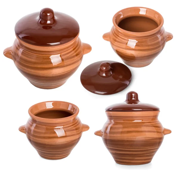 A set of clay pots for food, isolated on white background — Stock Photo, Image