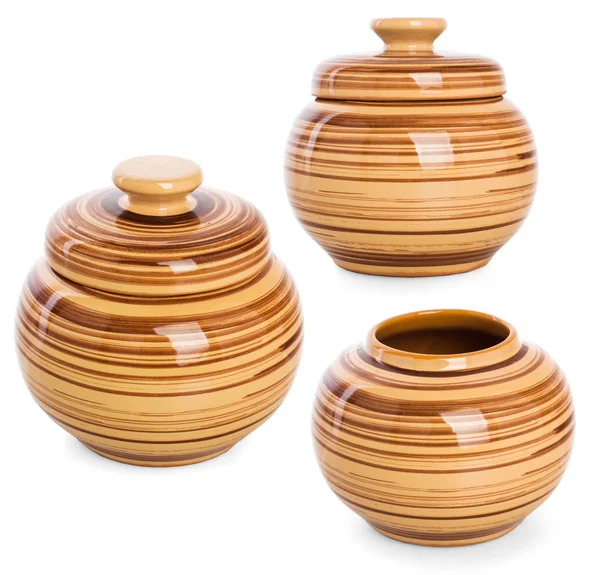 3 photos of the little round clay pot for food. Isolated on whit — Stock Photo, Image