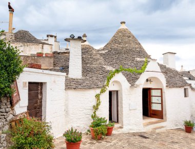 Beyaz trulli binalar, üzüm bağı ve çiçekler. Alberobello, Apulia, İtalya