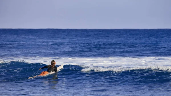 Surfarflicka Väntar Våg Surfarskolan Vacker Ung Kvinna Baddräkt Går Havet — Stockfoto