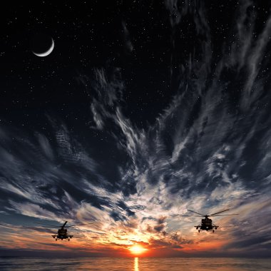Mi-8 helicopters, warm sunset, sunset, moon and starry sky clipart