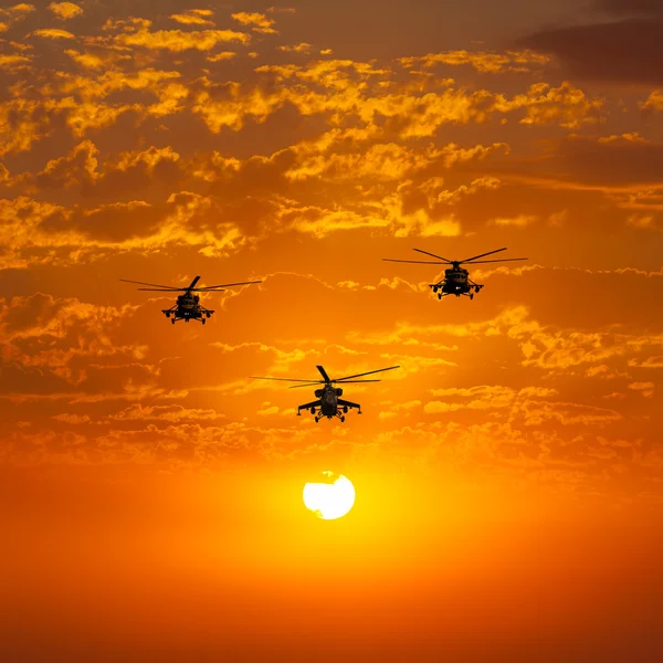 Групповые боевые вертолеты Ми-24, Ми-8, теплый закат — стоковое фото