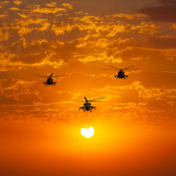 Grup mücadele helikopterler, Mi-24, Mi-8, sıcak günbatımı — Stok fotoğraf