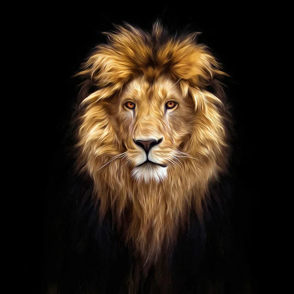 Portrait of a Beautiful lion, lion in the dark, oil paints — Stock Photo, Image