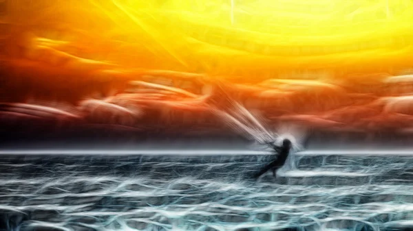 Gün batımı, büyük soyut resim denizde kitesurfer — Stok fotoğraf