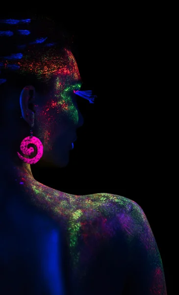 Back of woman in fluorescent paint makeup — Stock Photo, Image