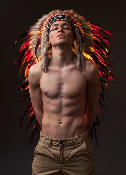 Indiano forte homem com tradicional nativo americano compõem — Fotografia de Stock