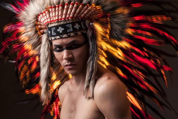 Indiano uomo forte con tradizionale nativo americano compongono — Foto Stock