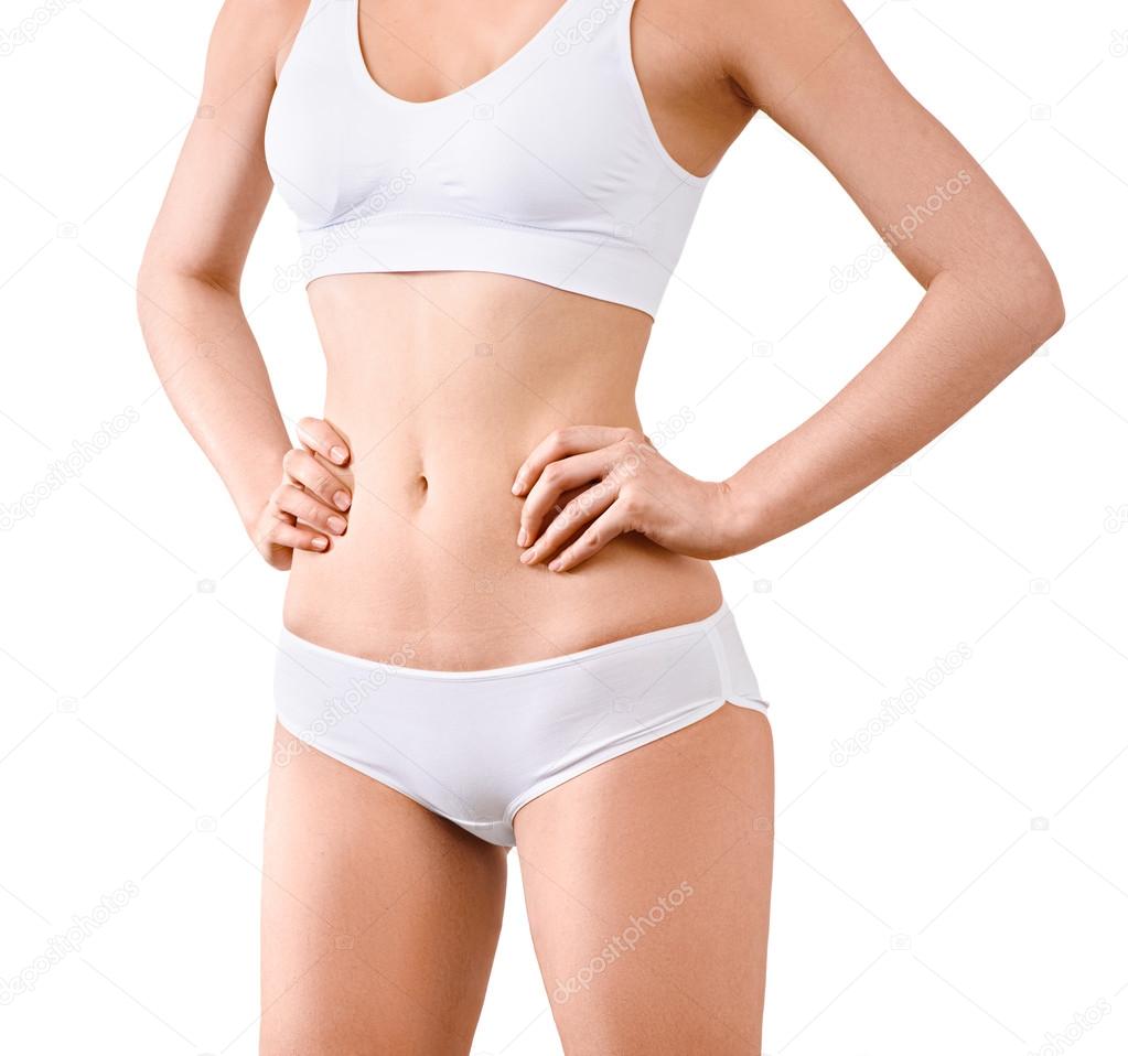 Woman with beautiful slim body posing in underwear on the white background  Stock Photo by ©Chetty 65781775