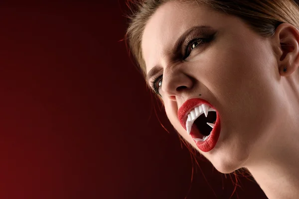 Halloween idea Lady Vampire Style. Brunette Woman close-up Portrait — Stock Photo, Image