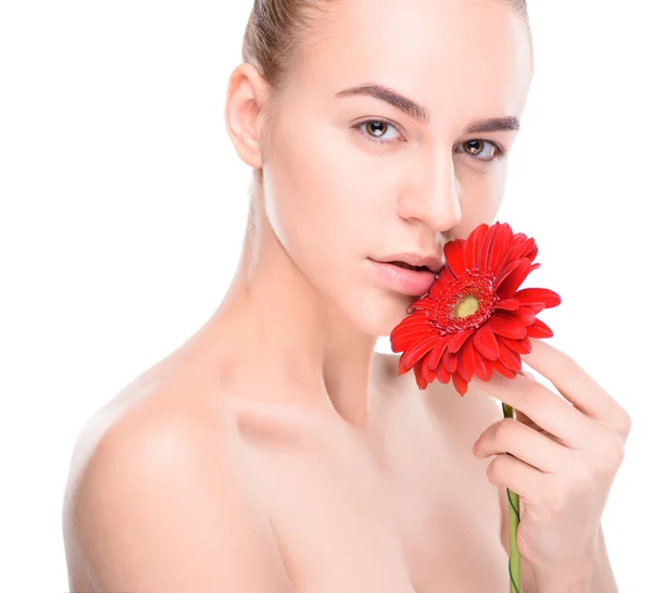 Hermosa mujer con gerberas rojas. Aislado sobre fondo blanco —  Fotos de Stock