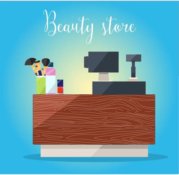 Κουμπαράς κατάστημα ομορφιάς. Καλλυντικά: μάσκαρα, gloss, κραγιόν, ρουζ, άρωμα — Διανυσματικό Αρχείο