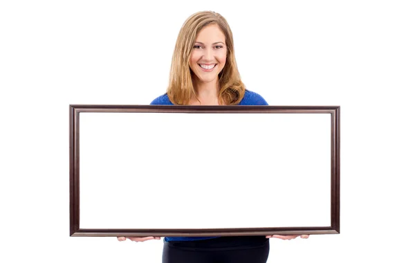 Woman holding sign — Stock Photo, Image