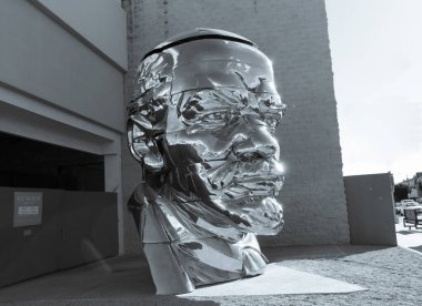Los Angeles/ USA - 01 11 2013: Statue of Vladimir Lenin at the entrance of Ace Gallery. Black and white clipart