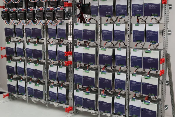 LED drivers and power supplies in the electrical panel for LED lighting.