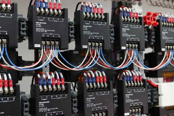 LED drivers and power supplies in the electrical panel for LED lighting.