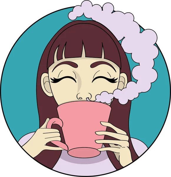 Cute Girl Inhales Aroma Coffee Vector Illustration — Stock Vector