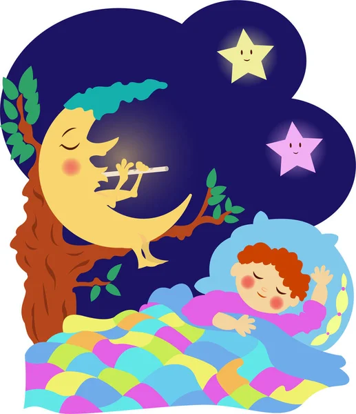 寝ている男の子 かわいい星と三日月再生ザフルートベクトルイラスト — ストックベクタ