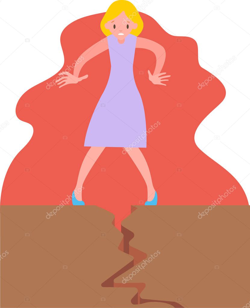 The woman standing on the ground and scared because of the earthquake vector illustration